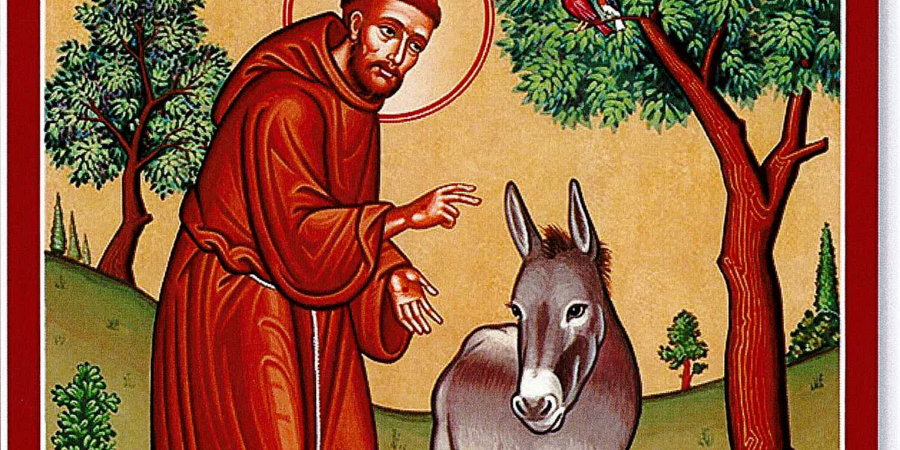 Illustration of St Francis blessing a donkey