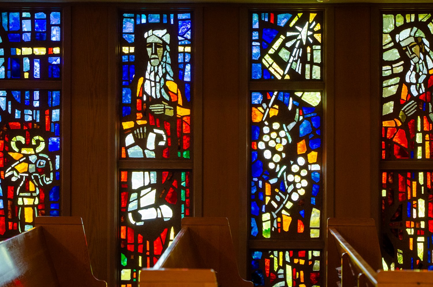 Stained glass windows in the Good Sam chapel