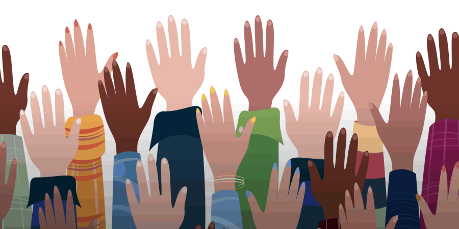 A graphic of many raised hands, of many different flesh tones and sleeve colors