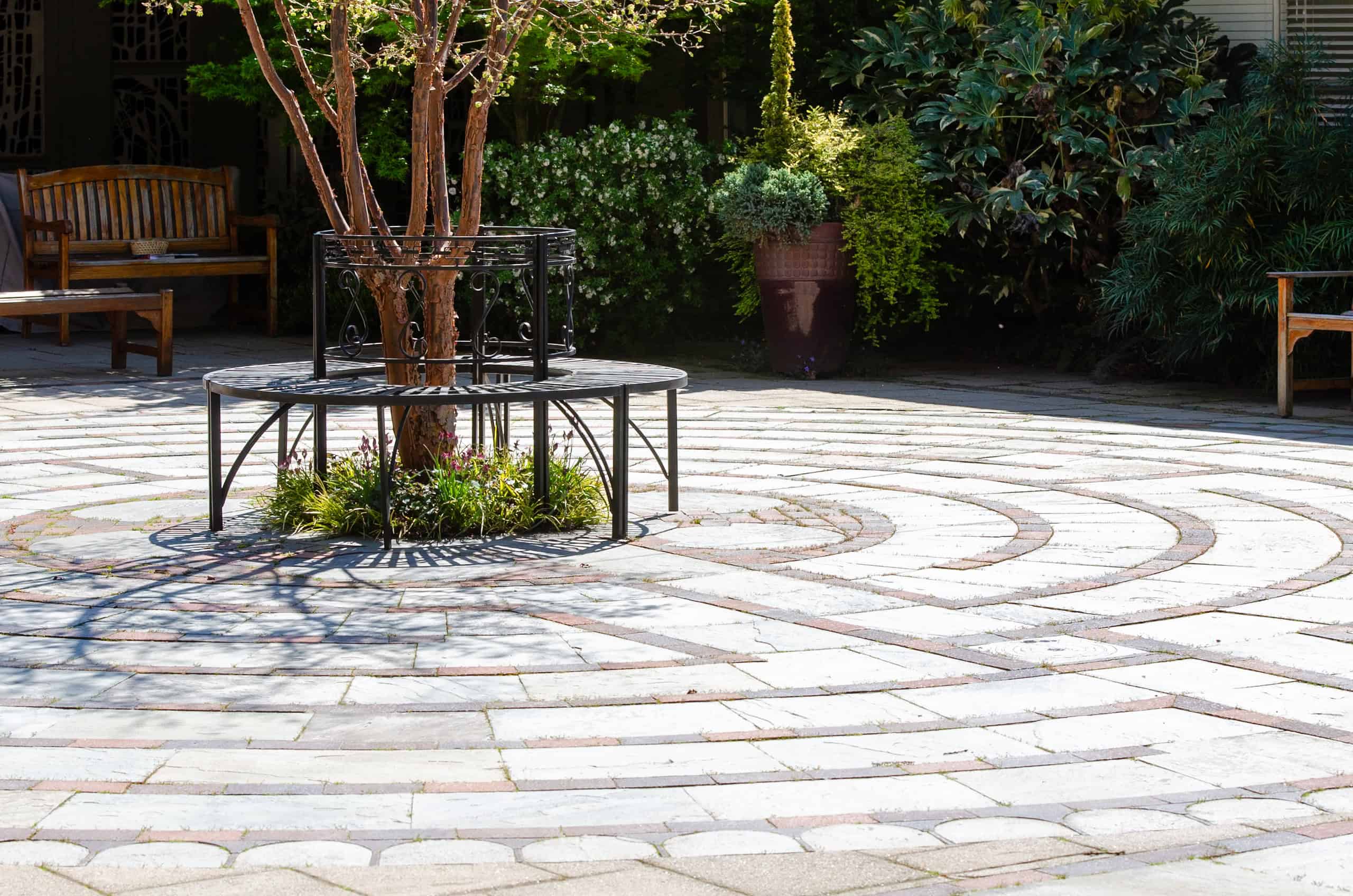 A tranquil garden features a tree with a circular bench on patterned paving, surrounded by lush green plants and wooden benches.