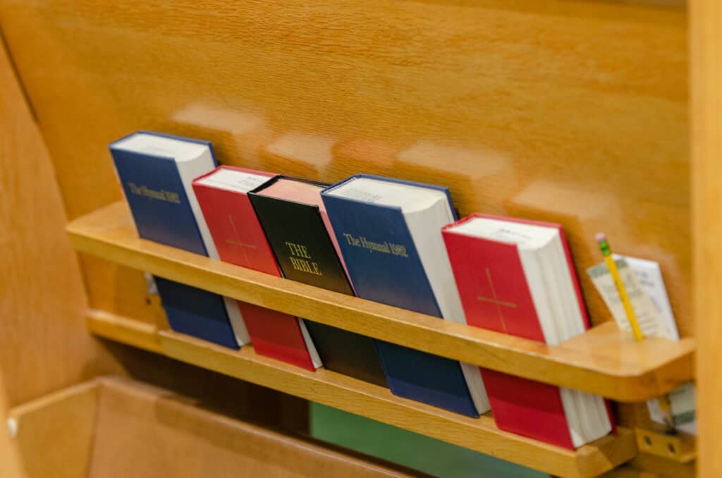 Shelf with religious books at The Episcopal Church of the Good Samaritan.