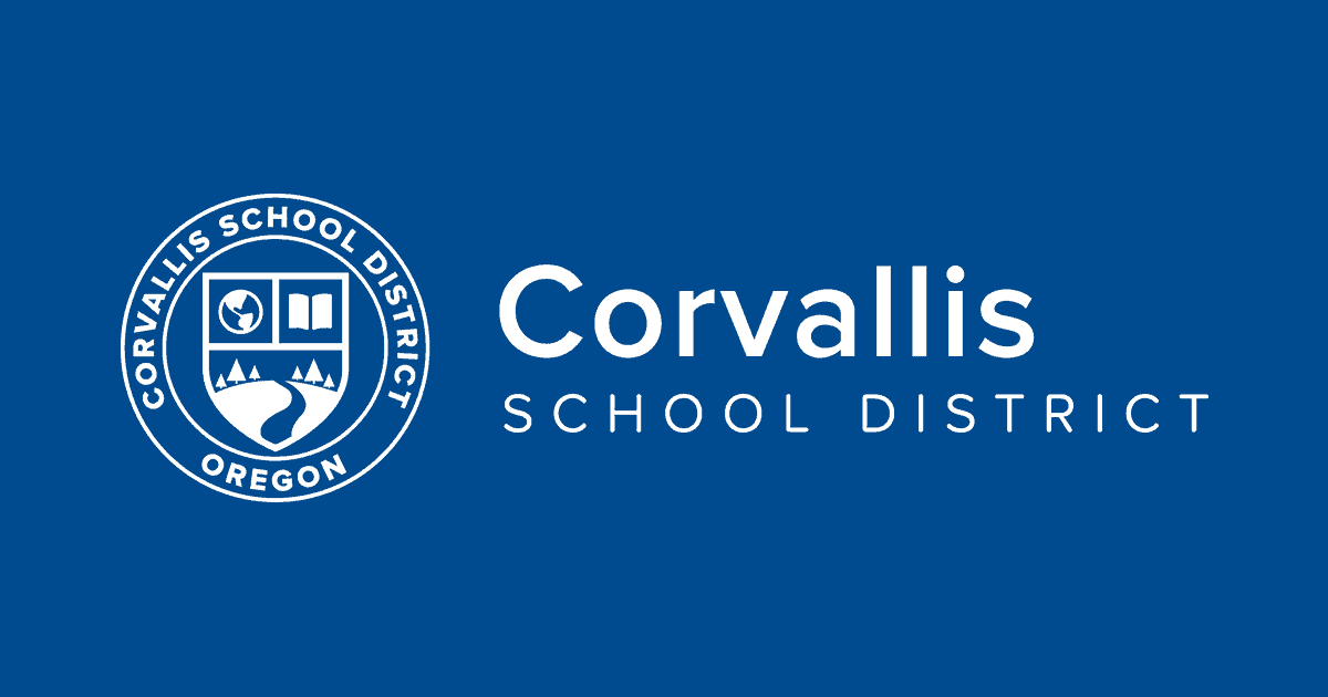Corvallis School District logo, white on blue.