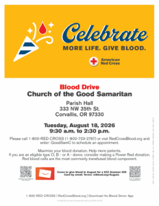 Blood drive at Church of the Good Samaritan in Corvallis, Oregon, on August 18, 2026.